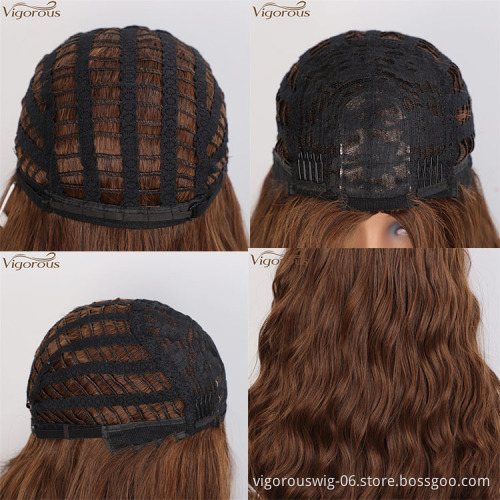 Vigorous Top Quality Dark Brown Mixed Light Auburn Long Wavy Wig Middle Part Synthetic Wigs For Black Women Wholesale Price